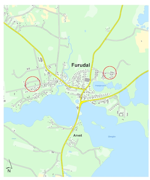 Översiktskarta som visar var det finns ledig kommunal tomtmark i Furudal.