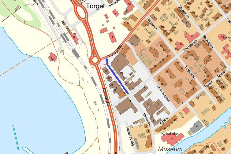 Karta som visar norra delen av Storgatan mellan Vasagatan och Knihsgatan.