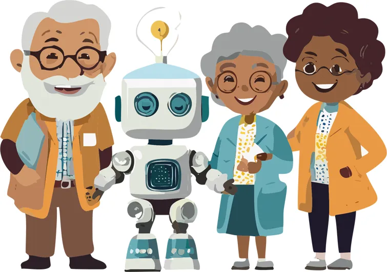 En AI generad bild på tre människor i äldre ålder med en robot
