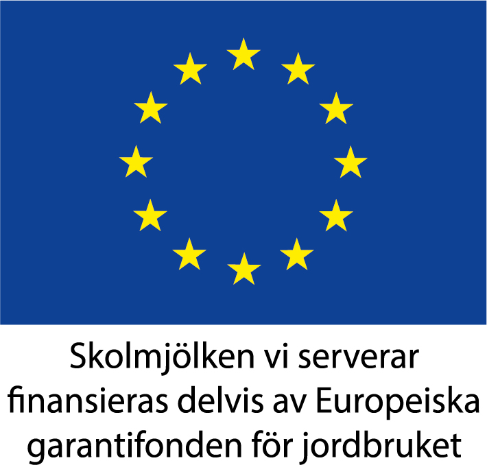 Europeiska garantifonden för jordbrukets logotyp med texten "Skolmjölken vi serverar finansieras delvis av Europeiska garantifonden för jordbruket".