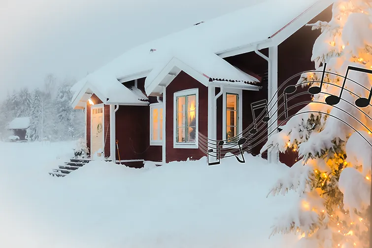 Hus som det strömmar musik ur i vinterlandskap. Illustration.