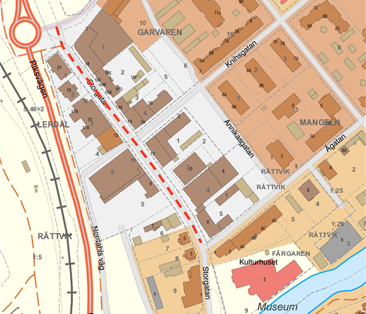 Karta som visar var Storgatan kommer att stängas av när julbelysningen sätts upp.