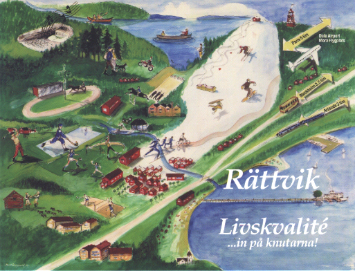 Tecknat vykort med aktiviterer i centrala Rättvik