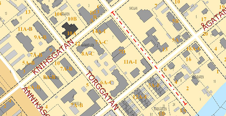 Karta med markering som visar var Skolgatan renoveras.