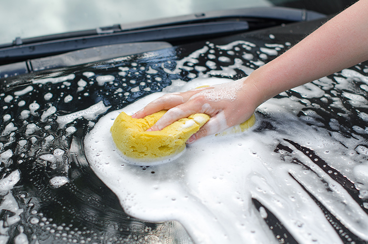 Närbild på hand som tvättar bil med tvättsvamp. 