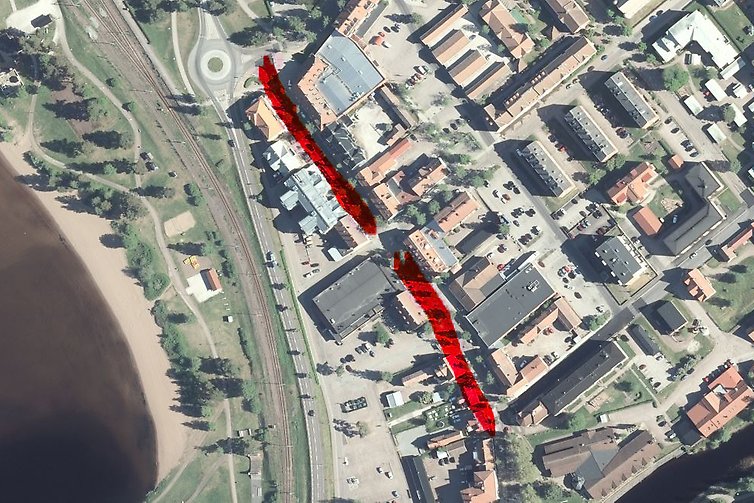 Flygbild med markering som visar var Storgatan stängs.