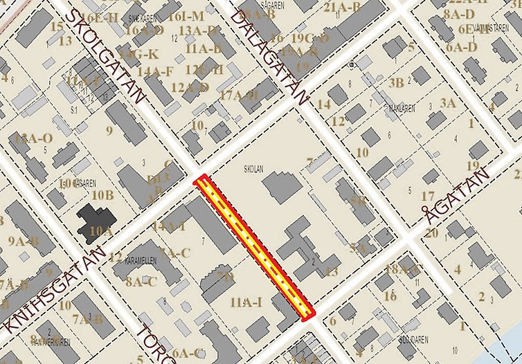 Kartbild som visar den aktuella sträckan av Skolgatan.