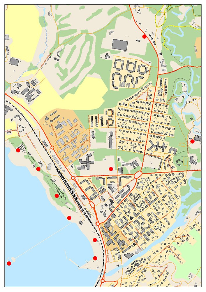 På kartan över Rättvik syns tio röda prickar som visar var soppåsehållarna finns.
